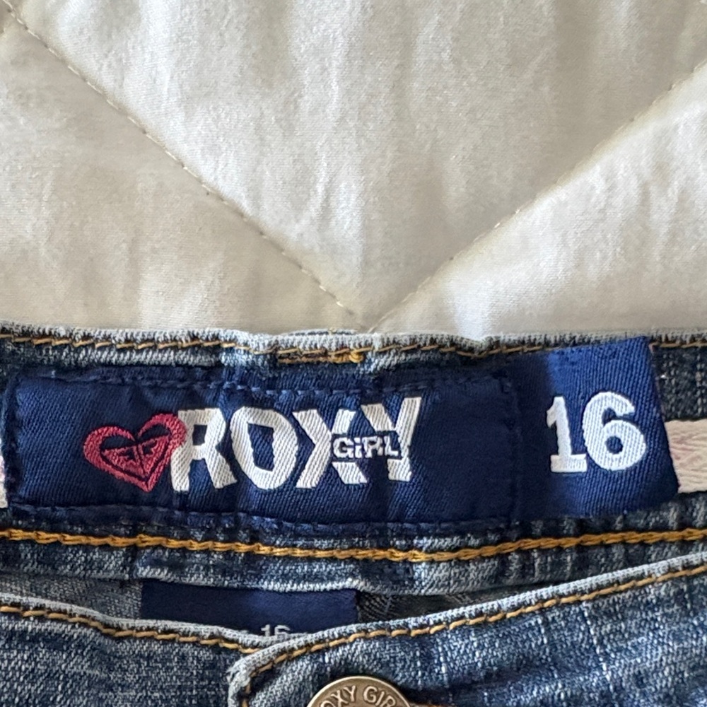 Roxy Girl Blue Denim Shorts with Gold, size 16 Stitching - Picture 2 of 7